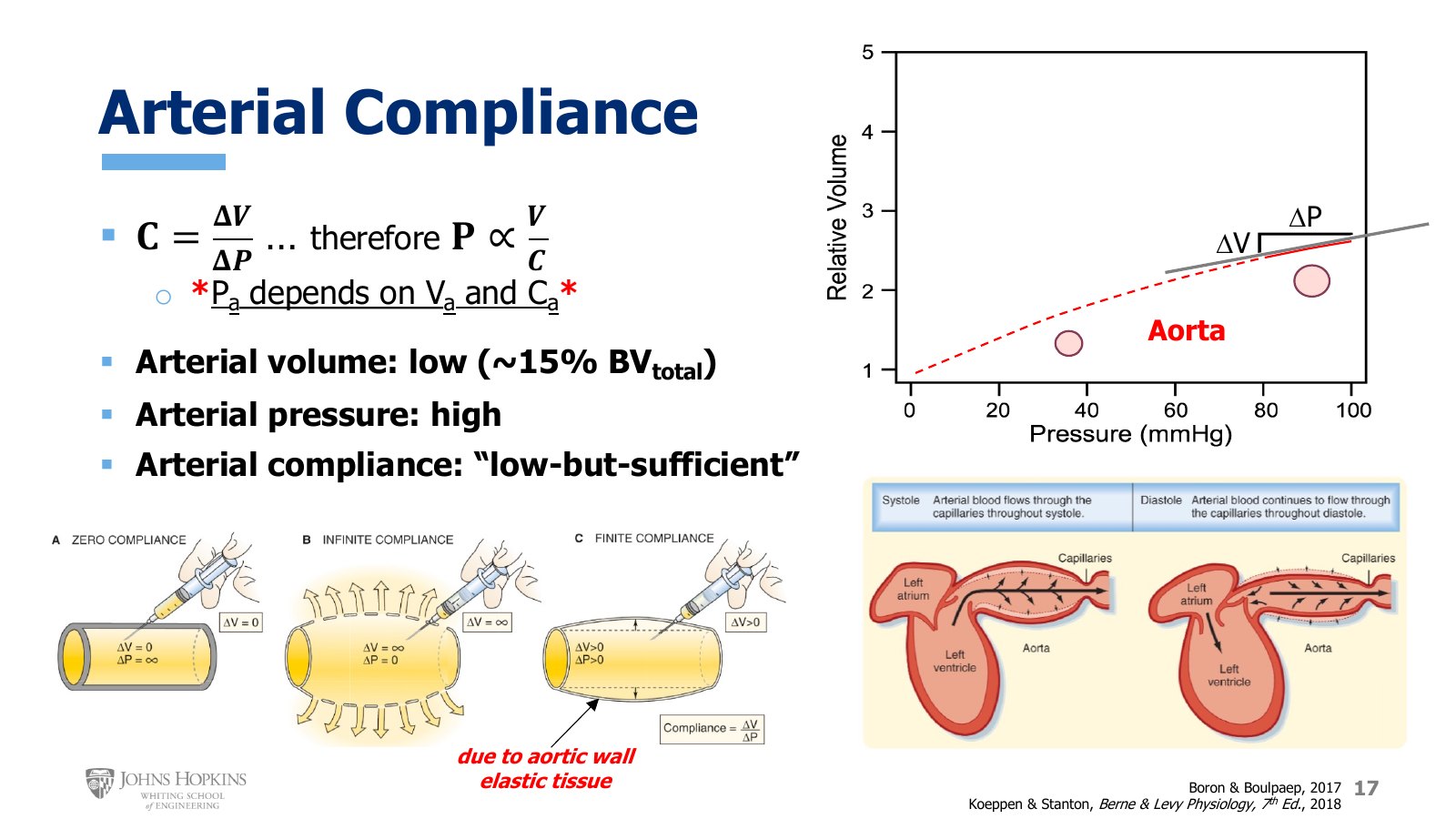 Slide 17: Top right, the aortic volume-pressure curve, solid only over the physiological 80 to 100 mmHg. Bottom left, zero, infinite, and finite compliance. Bottom right, the aorta stretching during systole and recoiling during diastole.
